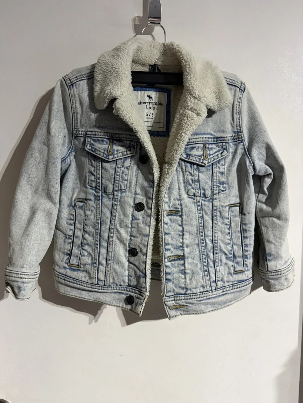 abercrombie kids Light Wash Denim Jacket with Off-White Sherpa Collar